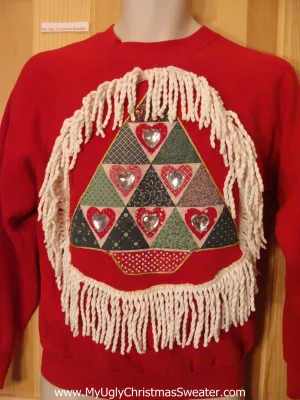 Tacky Christmas Sweatshirt Bling Plaid Tree and Fringe