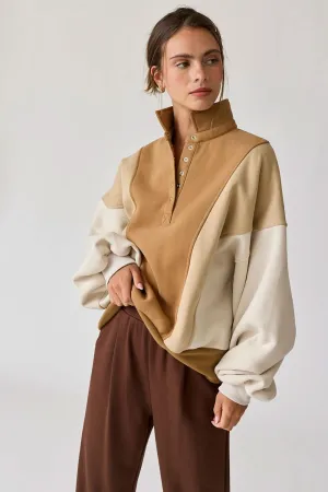 Taupe Colorblock Mock Neck Pullover