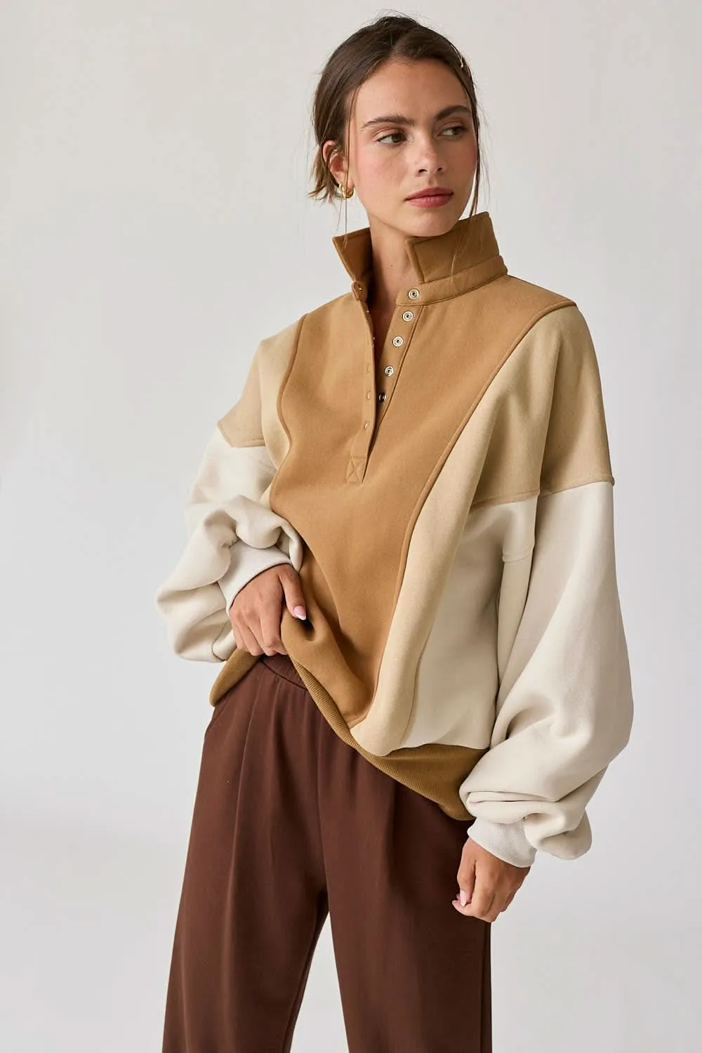 Taupe Colorblock Mock Neck Pullover