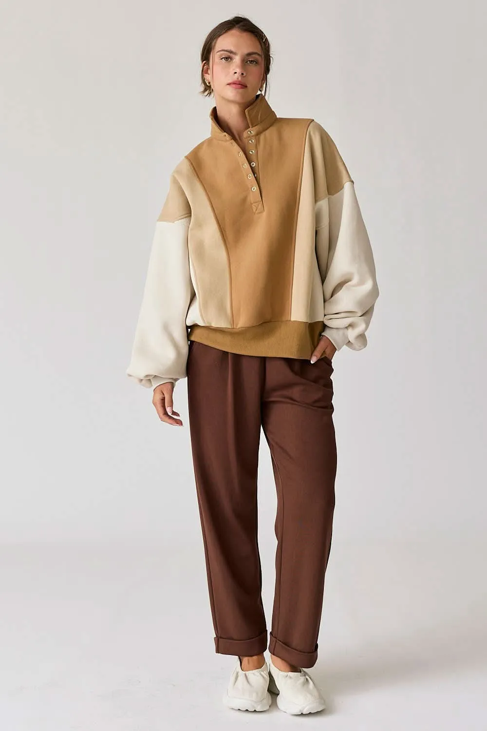 Taupe Colorblock Mock Neck Pullover