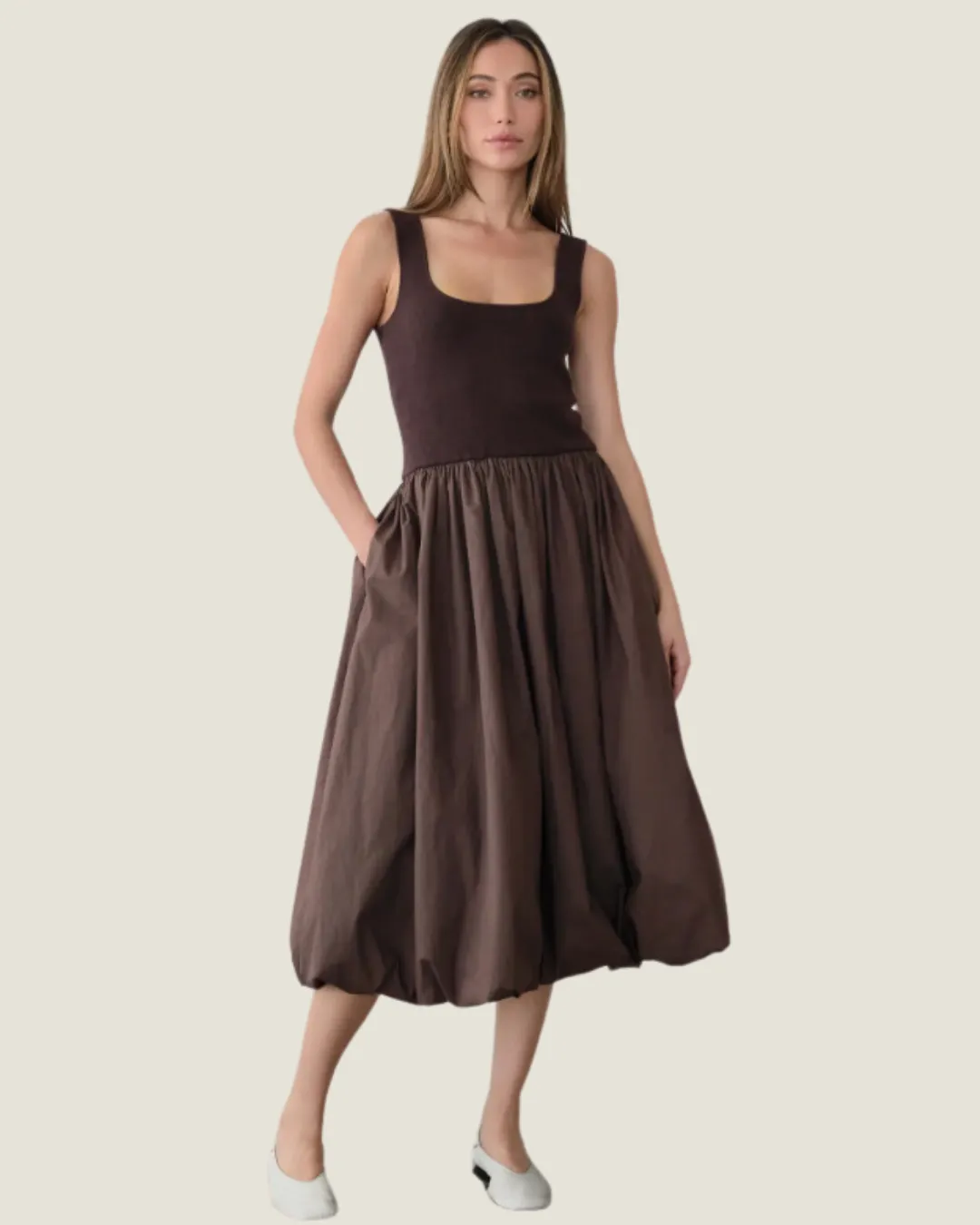 The Tilda: Brown Square Neckline Midi Dress