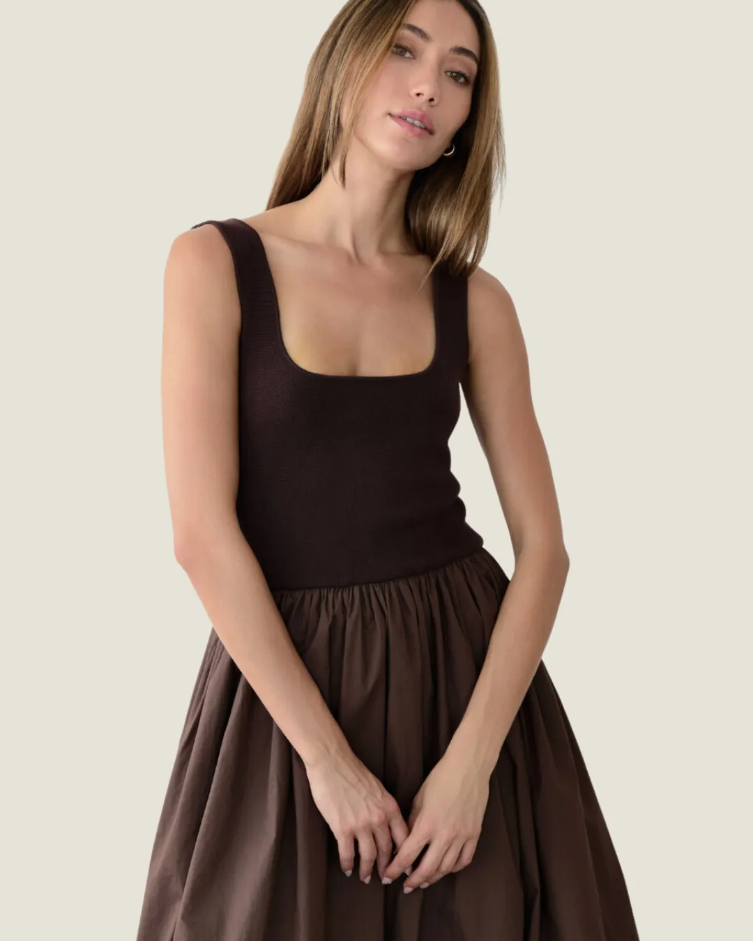 The Tilda: Brown Square Neckline Midi Dress