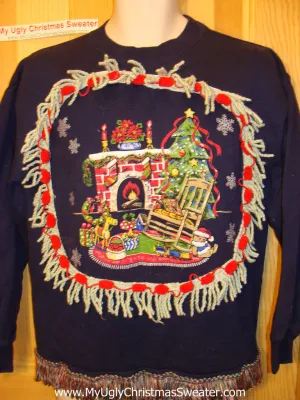 Ugly Christmas Tacky Sweatshirt Homey Fireplace Scene with Fringe (q44)