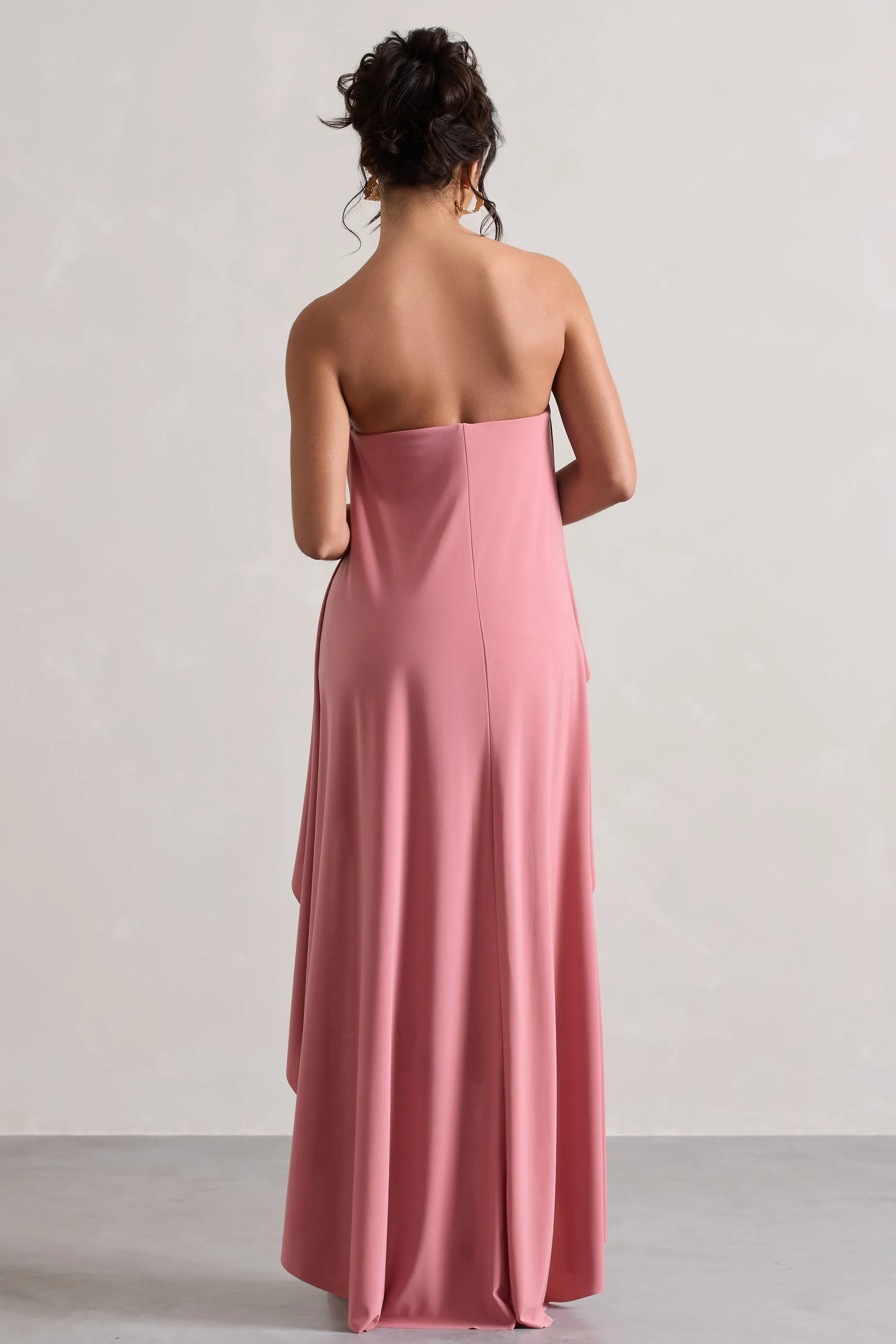 Upon A Time | Blush Ruched Bandeau Midi Dress With Cape