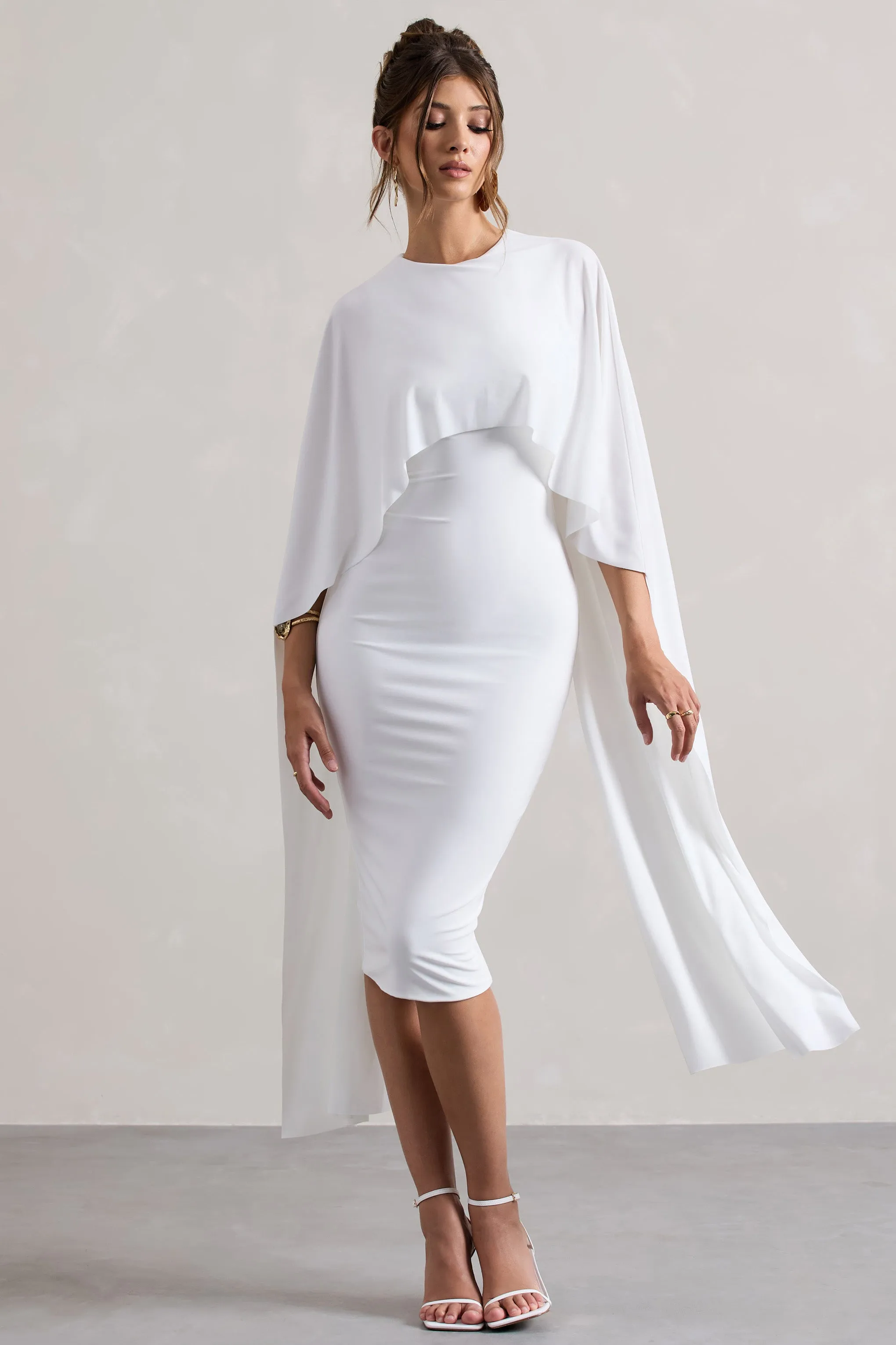 Vana | White Draped Midi Dress With Cape Sleeves