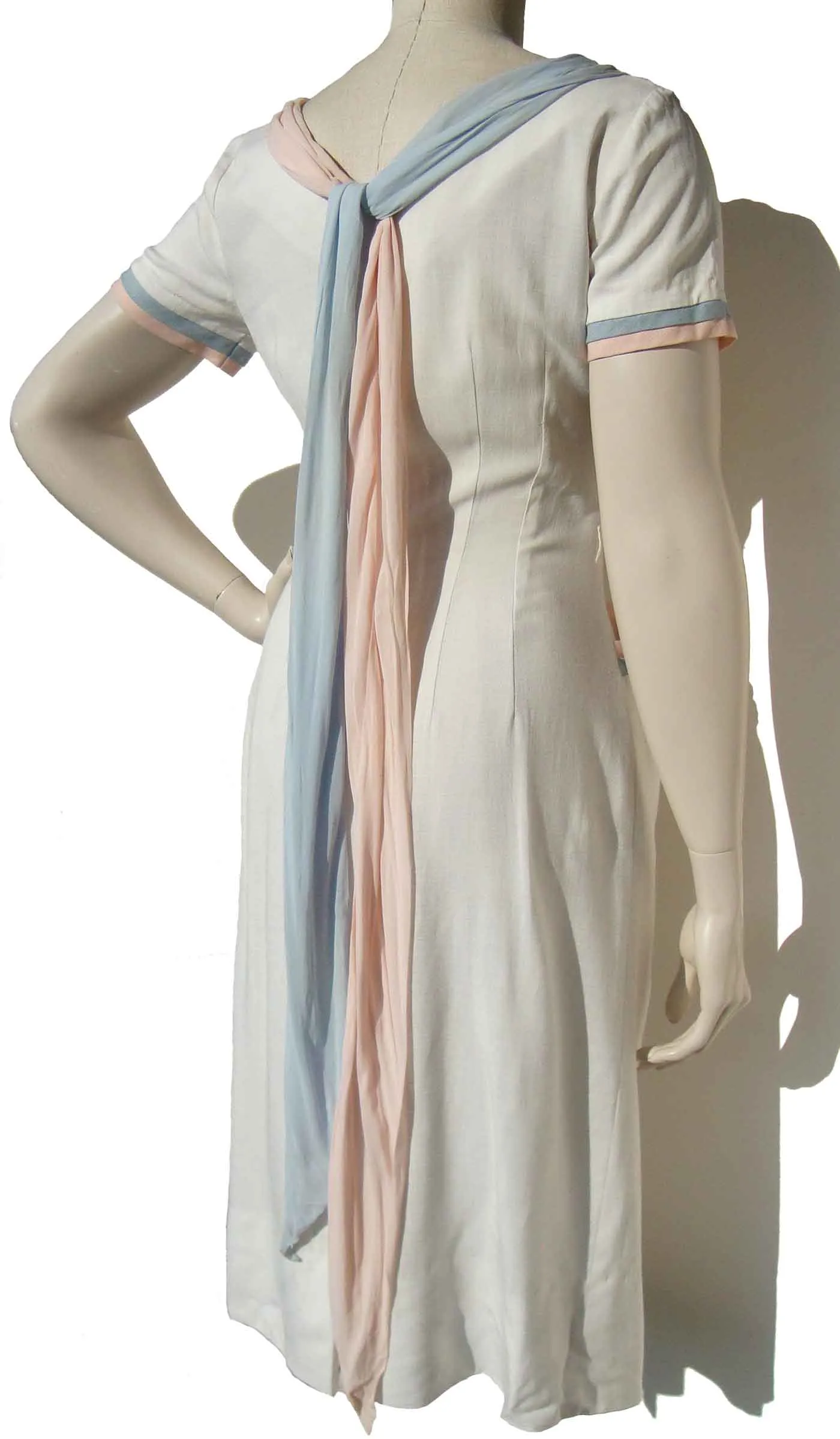 Vintage 50s Dress White Linen Blue & Pink Flyaway Panels S – by D.R.A. Original