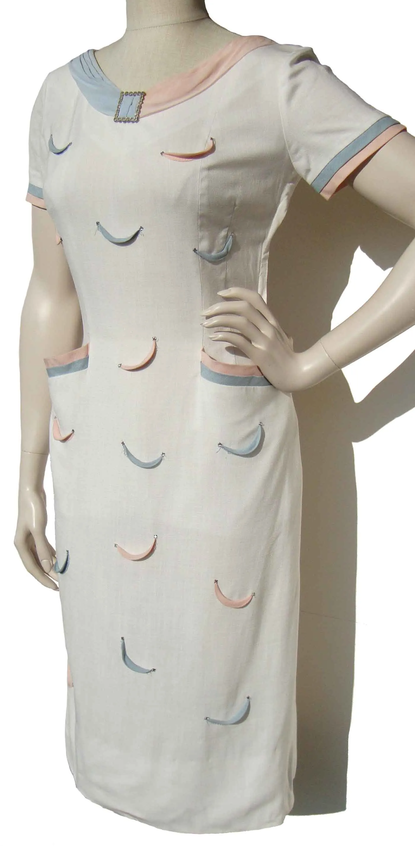 Vintage 50s Dress White Linen Blue & Pink Flyaway Panels S – by D.R.A. Original