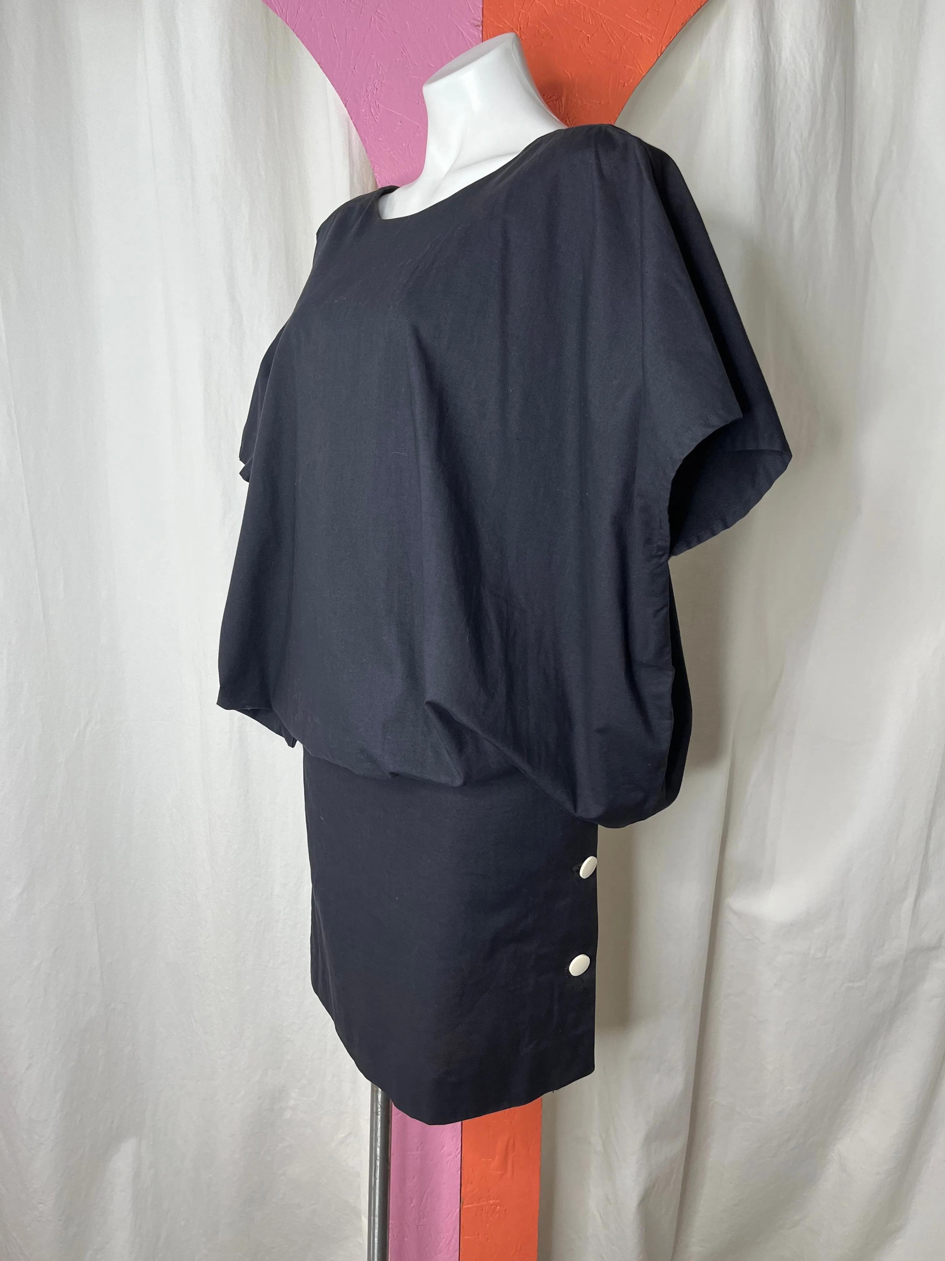 Vintage 80s | Black Oversized Sculptural Dolman Cape Dress | Size S M