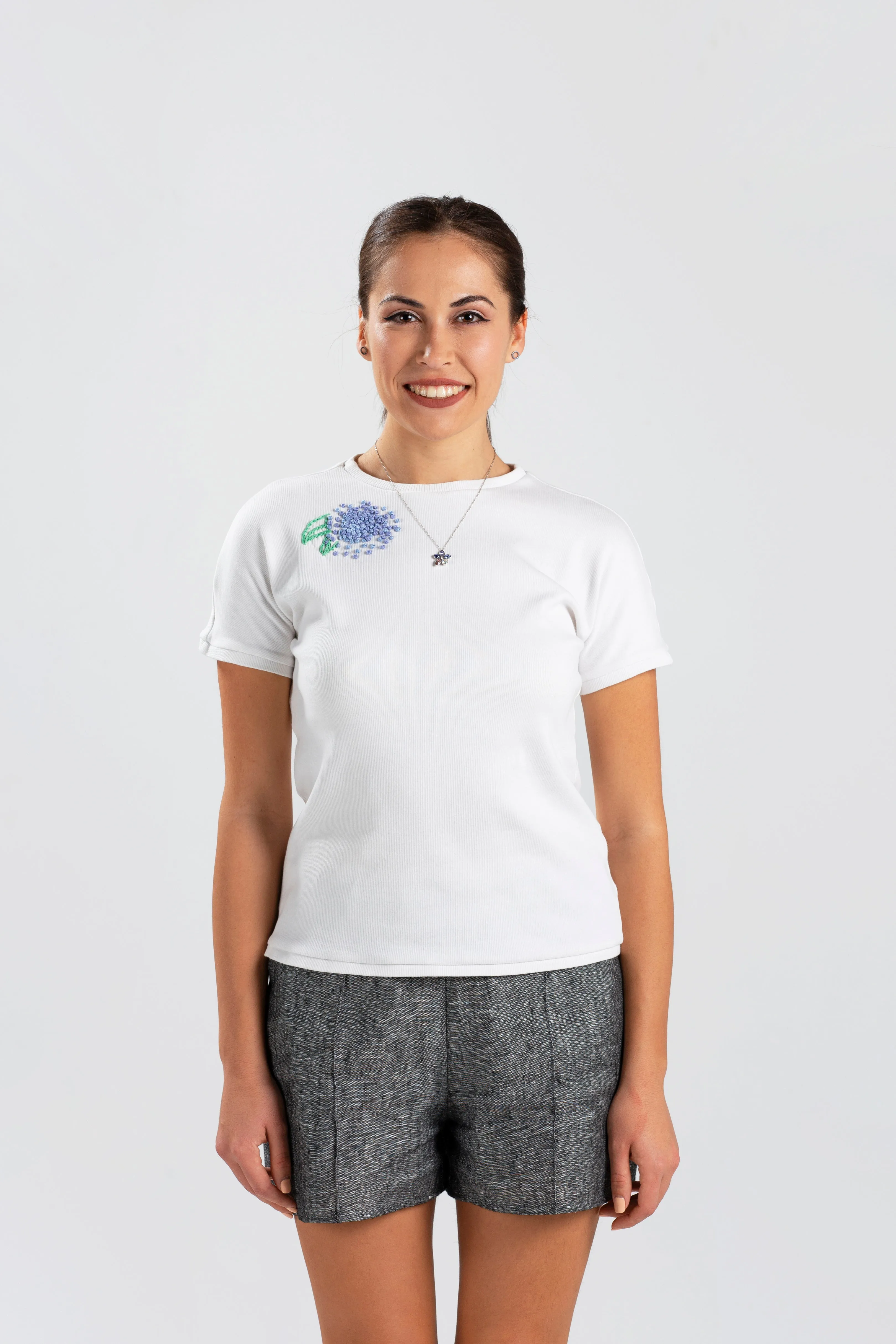 White Ribbed Cotton T-shirt with Handmade Hydrangea Embroidery