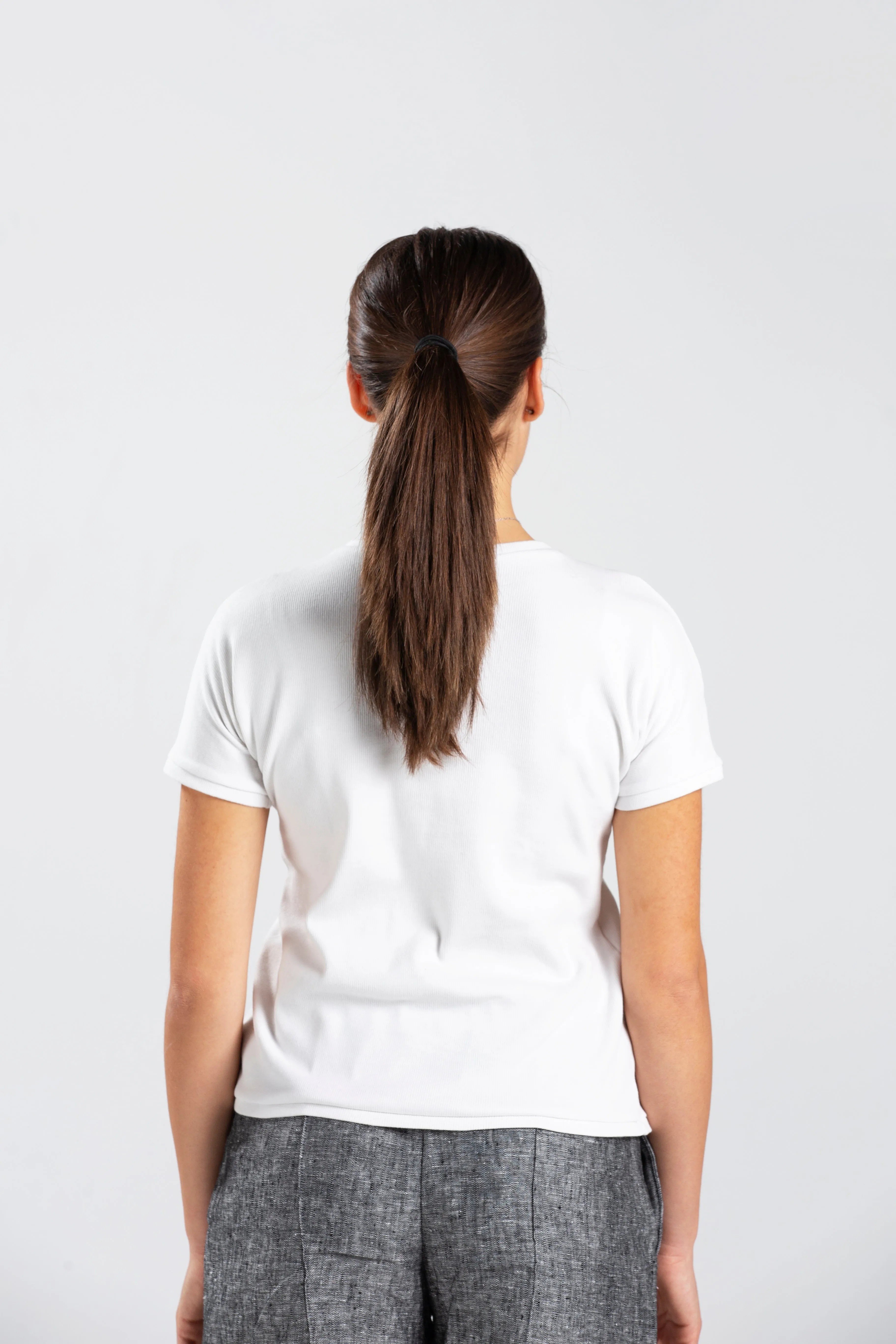 White Ribbed Cotton T-shirt with Handmade Hydrangea Embroidery