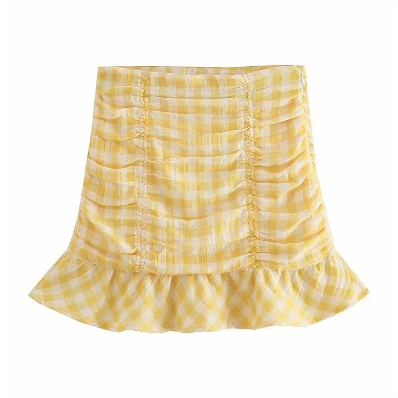 Woman Sweet Yellow Slim Plaid Mini Skirt Suit