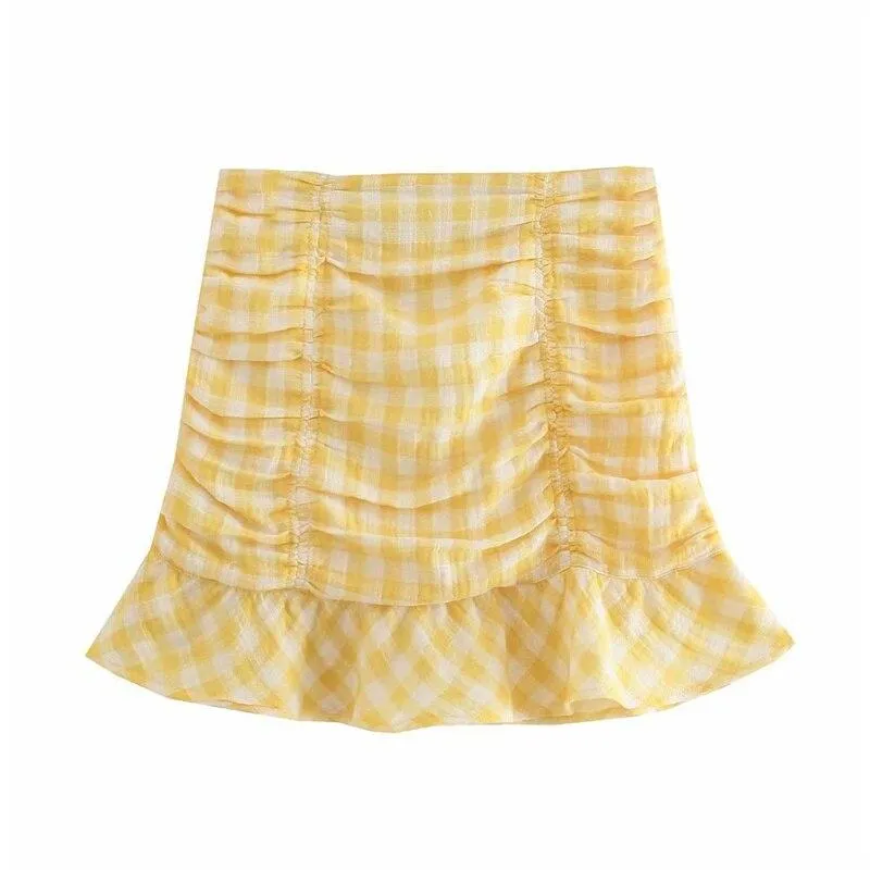 Woman Sweet Yellow Slim Plaid Mini Skirt Suit