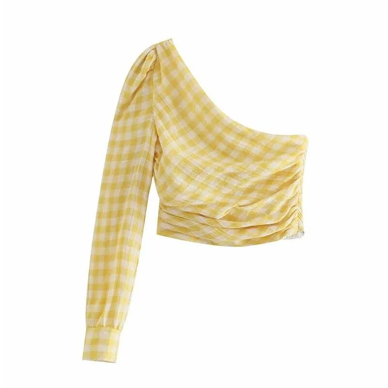 Woman Sweet Yellow Slim Plaid Mini Skirt Suit