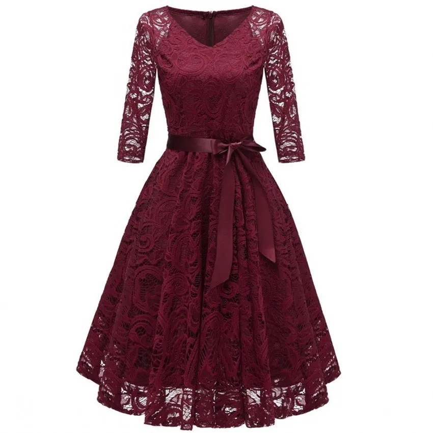 Women Autumn Lace Dresses Femme 3/4 Sleeve Sleeveless V-Neck Women Red Dress - WD8254