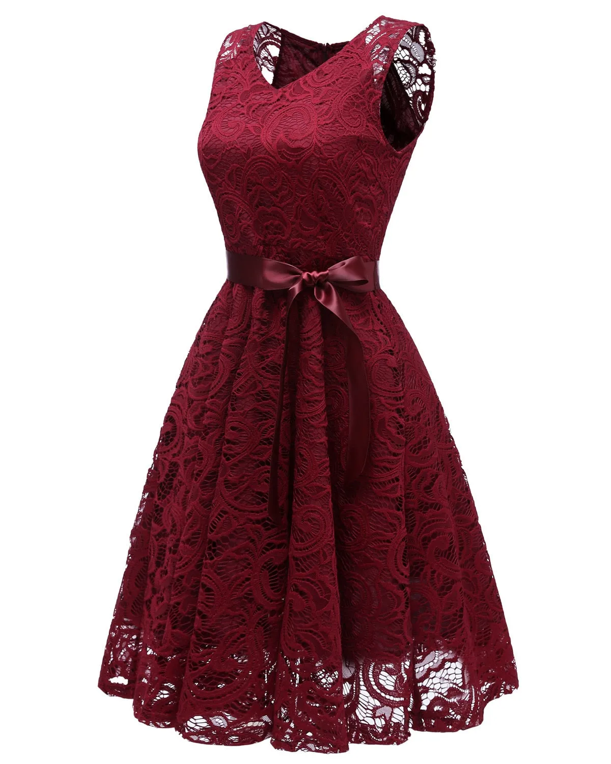 Women Autumn Lace Dresses Femme 3/4 Sleeve Sleeveless V-Neck Women Red Dress - WD8254