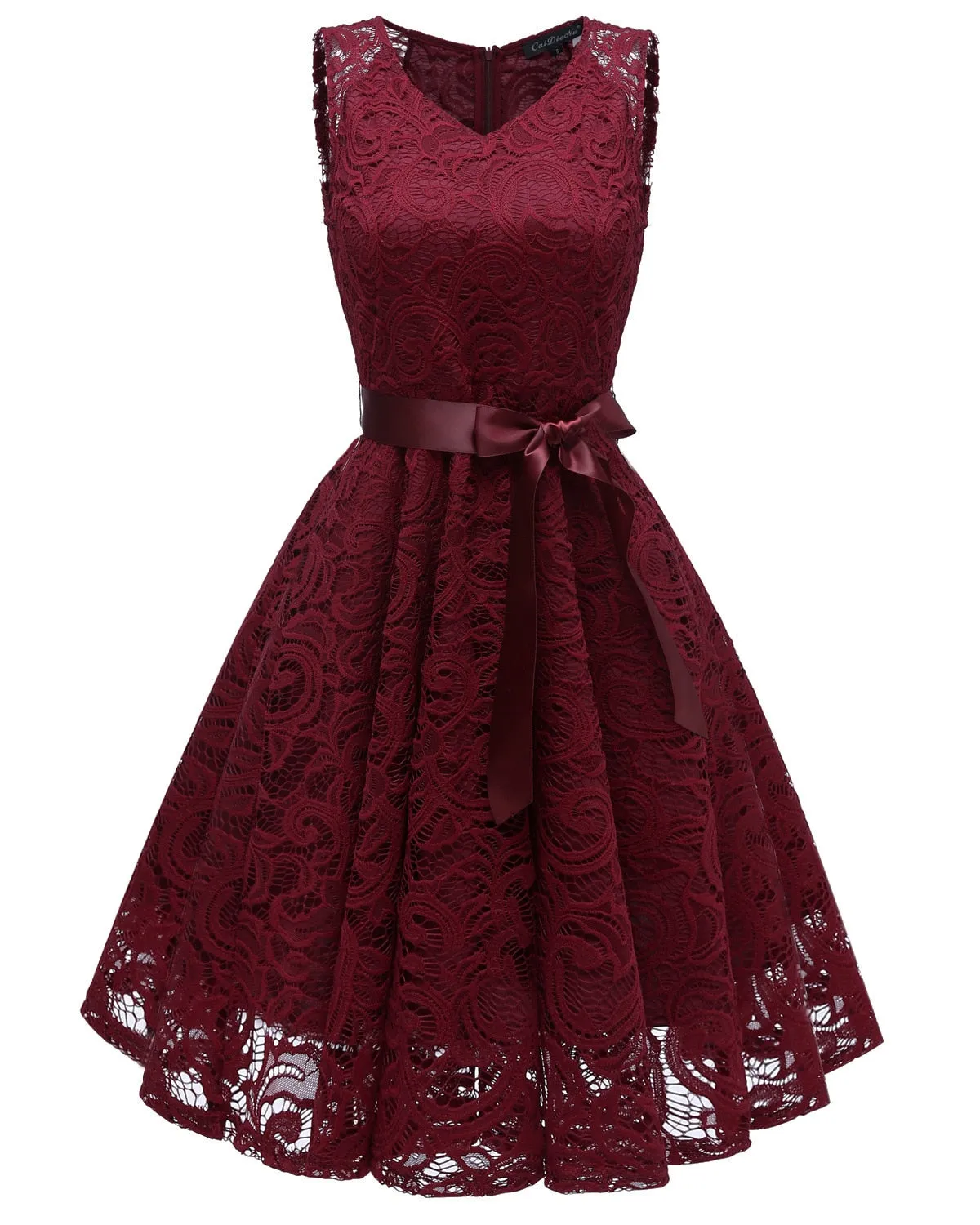 Women Autumn Lace Dresses Femme 3/4 Sleeve Sleeveless V-Neck Women Red Dress - WD8254