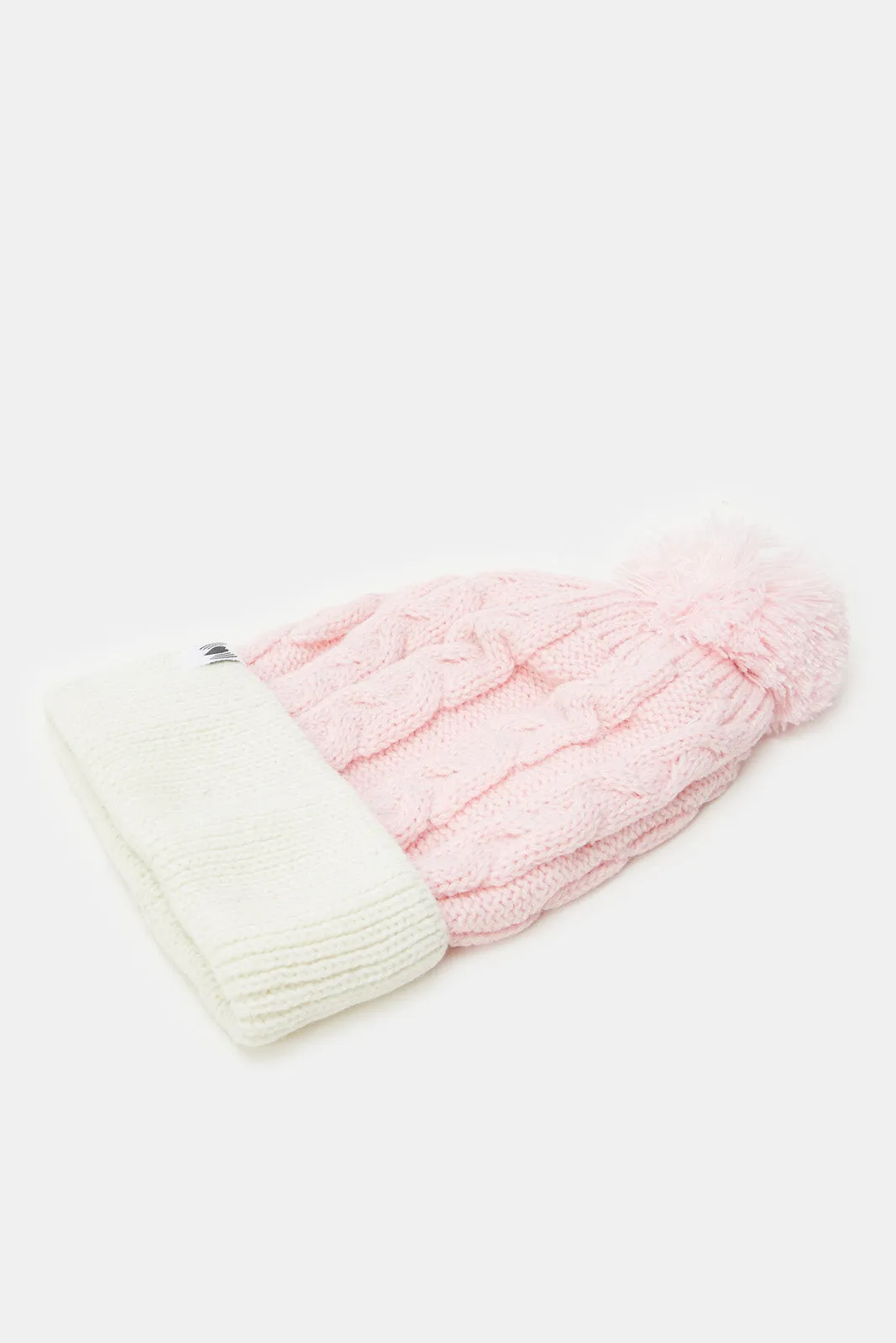 Women Pink And Beige Embellished Knitted Cap (Pack of 2)