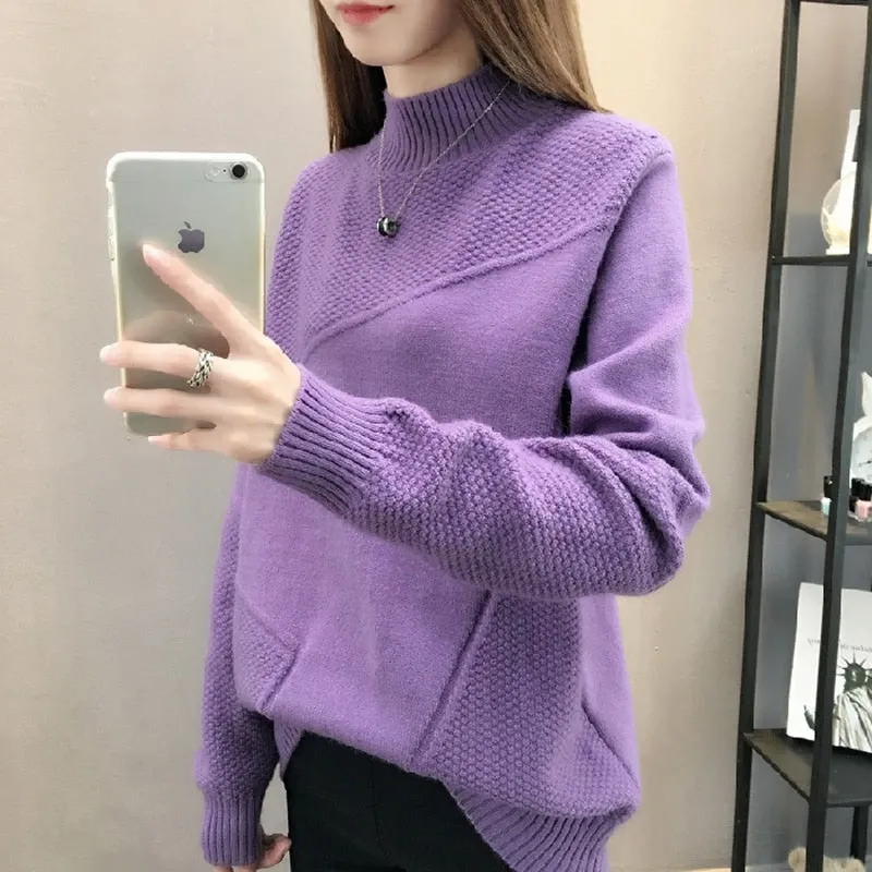 Women Solid Thick Turtleneck Winter Pullover Sweater Long Sleeve Knitted Korean  Loose Jumper Top Warm Sweater Coat