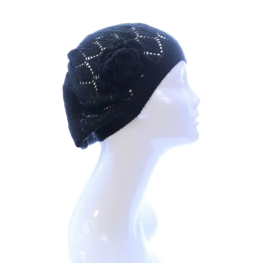 Womens Diamond Stripe Flower Beanie Hat