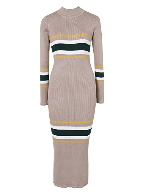 Women's Mock Neck Long Sleeve Striped Knit Sweater Midi Bodycon Dress