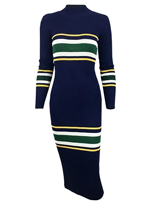 Women's Mock Neck Long Sleeve Striped Knit Sweater Midi Bodycon Dress