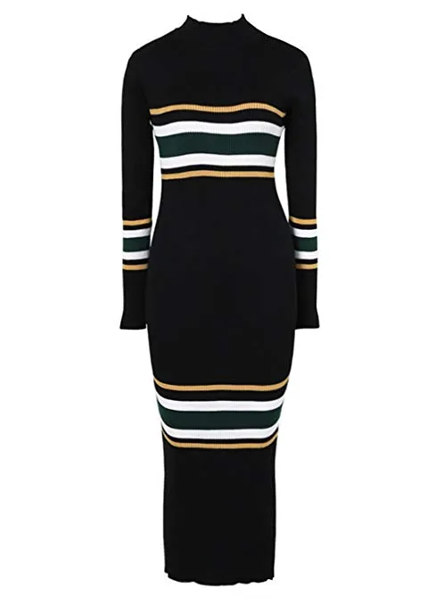 Women's Mock Neck Long Sleeve Striped Knit Sweater Midi Bodycon Dress