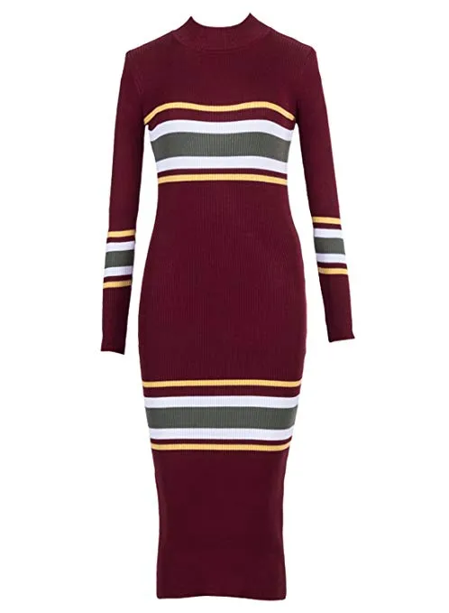 Women's Mock Neck Long Sleeve Striped Knit Sweater Midi Bodycon Dress