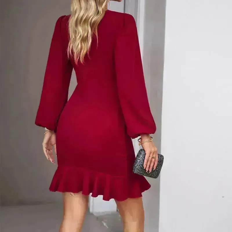 Women's Puff Long Sleeve Fashion Solid Color Bodycon Formal Dress Women Clothing