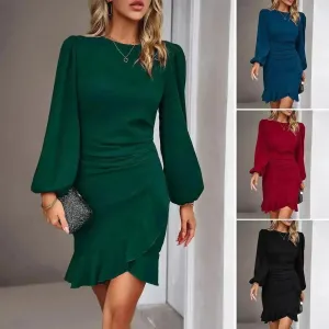 Women's Puff Long Sleeve Fashion Solid Color Bodycon Formal Dress Women Clothing