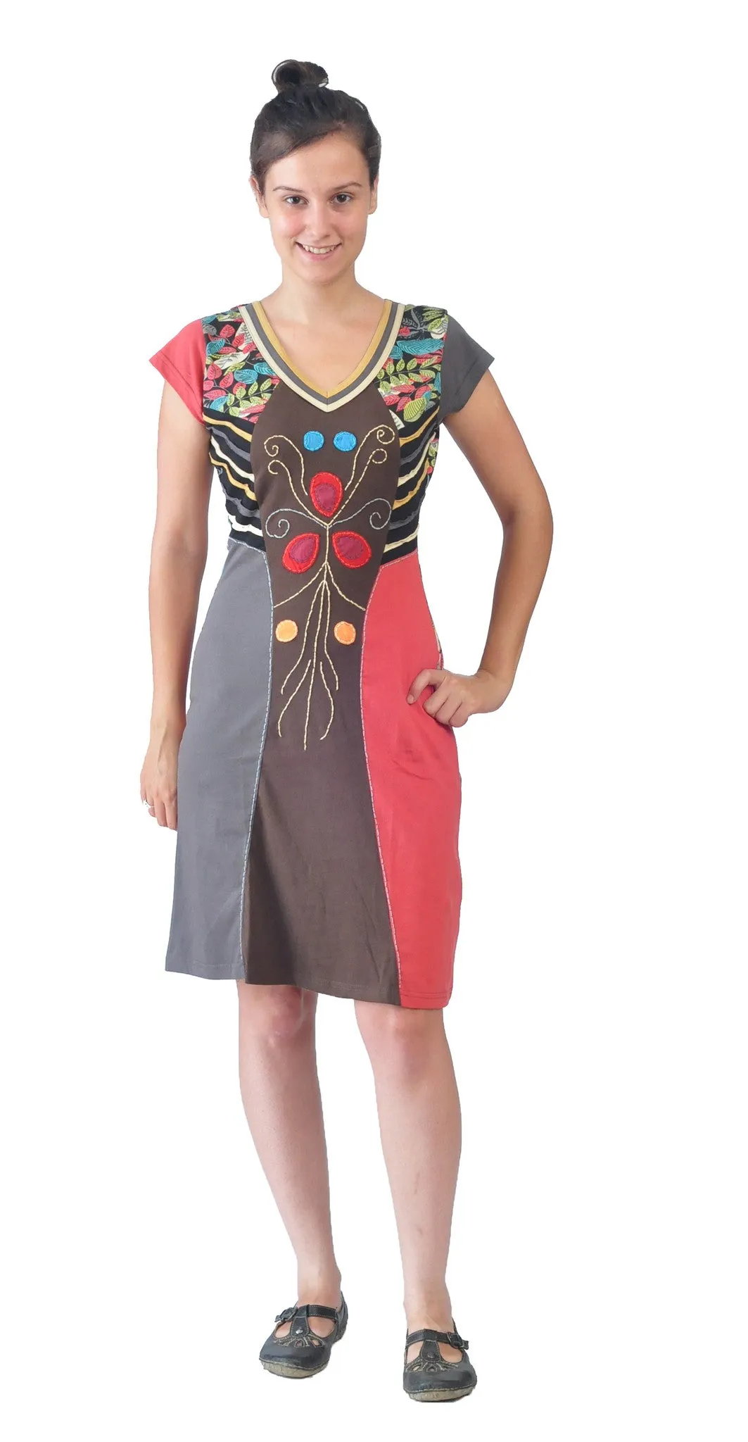 womens-short-sleeved-multicolored-dress-with-leaves-pattern-print-embroidery