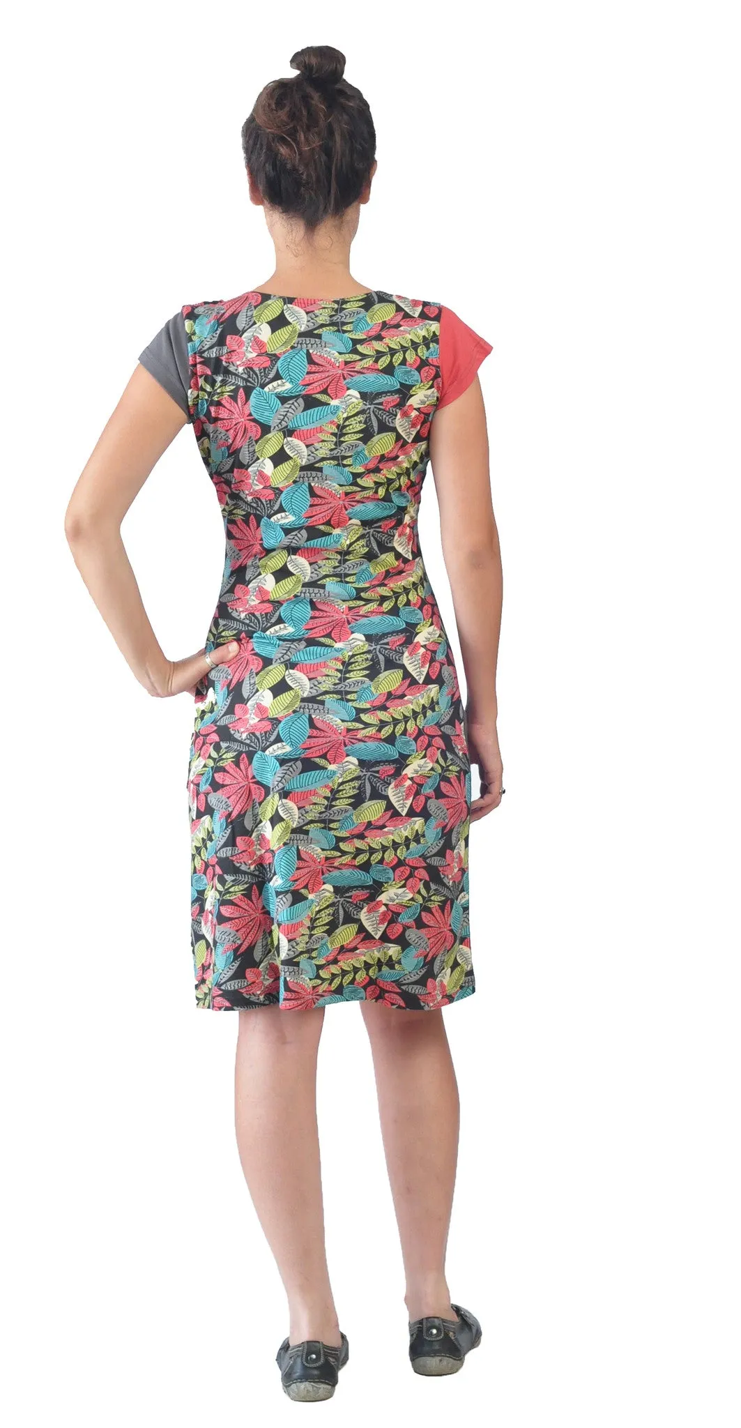 womens-short-sleeved-multicolored-dress-with-leaves-pattern-print-embroidery