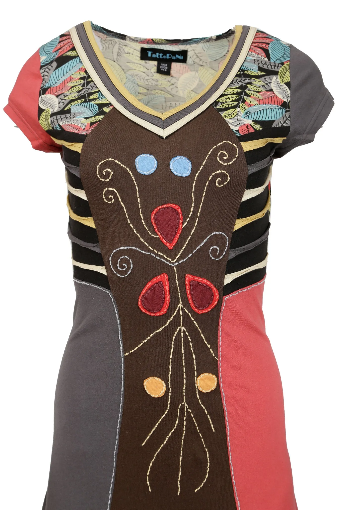 womens-short-sleeved-multicolored-dress-with-leaves-pattern-print-embroidery