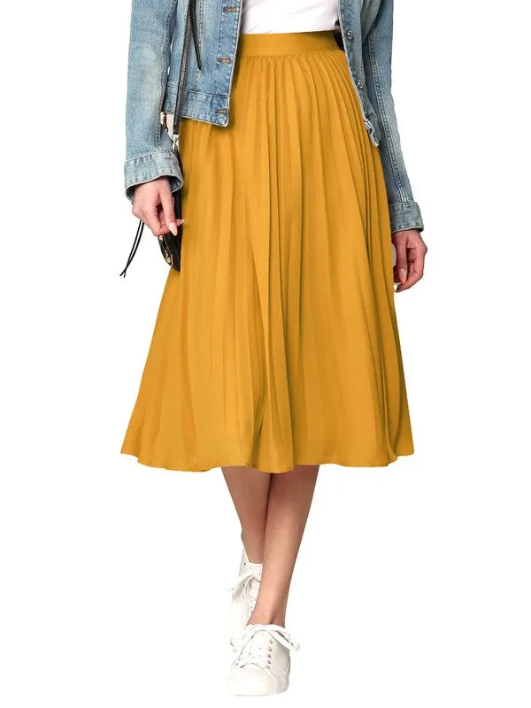 Yellow High Elastic Waist Pleated Mid A-Line Swing Skirt